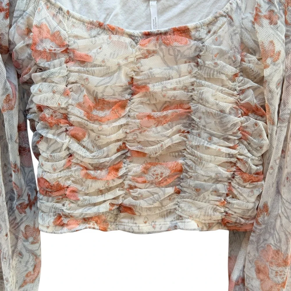 Free People Lilia Crop Top Womens Peach Cottage Mesh Balloon‎ Sleeve Festival M